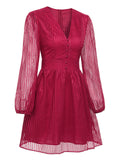 Wine Red 1960s Plaid Mesh V-Neck Dress