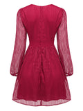 Wine Red 1960s Plaid Mesh V-Neck Dress