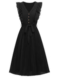Black 1940s Solid Flying Sleeve Pleated Dress