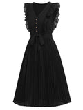 Black 1940s Solid Flying Sleeve Pleated Dress
