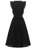 Black 1940s Solid Flying Sleeve Pleated Dress