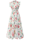 White 1940s Sleeveless Floral Ruffles Dress
