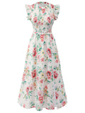 White 1940s Sleeveless Floral Ruffles Dress