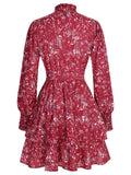 [Plus Size] Wine Red 1960s Ruffles Floral Dress