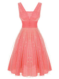 [Pre-Sale] Coral Pink 1950s V-Neck Sequin Dress