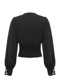 Black 1950s Solid Puff Sleeves V-Neck Blouse