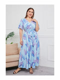 [Plus Size] Blue 1930s V-Neck Floral Belted Dress