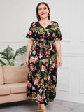[Plus Size] Multicolor 1940s Floral V-Neck Tie-Up Dress