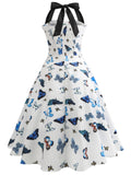 1950s Blue Butterflys Patchwork Halter Dress