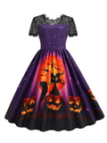 Purple 1950s Halloween Night Lace Patchwork Dress