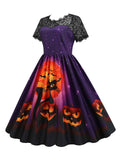 Purple 1950s Halloween Night Lace Patchwork Dress