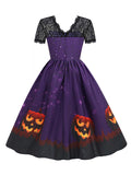 Purple 1950s Halloween Night Lace Patchwork Dress