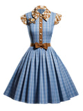 [Pre-Sale] Blue 1950s Lapel Bow Decor Plaids Patchwork Dress