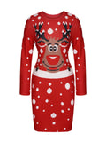 1960s Christmas Snowflake Elk Print Long Sleeve Dress