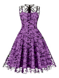 1950s Halloween Floral Mesh Lace-Up Collar Dress