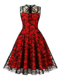 1950s Halloween Floral Mesh Lace-Up Collar Dress