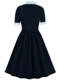 1940s Color Contrast Button Lapel Bow Dress