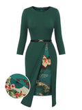 [Pre-Sale] Dark Green 1940s Chinese Style Floral Belt Dress