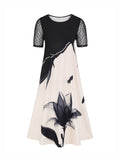 [Plus Size] Black & White 1940s Ink Lotus Sheer Sleeve Dress