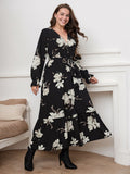 [Plus Size] Black 1930s V-Neck Floral Lace-Up Dress
