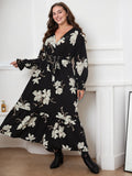 [Plus Size] Black 1930s V-Neck Floral Lace-Up Dress
