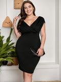 [Plus Size] 1960s V-Neck Solid High Waist Bodycon Dress