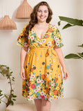 [Plus Size] Yellow 1950s V-Neck Belted Floral Dress