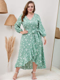 [Plus Size] Green 1940s V-Neck Butterflies Puff Sleeve Dress