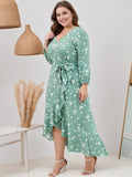 [Plus Size] Green 1940s V-Neck Butterflies Puff Sleeve Dress