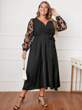 [Plus Size] Black 1950s Floral Mesh Sleeves Dress