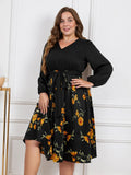 [Plus Size] Black 1950s Yellow Floral Long Sleeved Dress