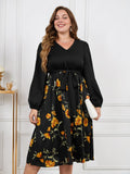 [Plus Size] Black 1950s Yellow Floral Long Sleeved Dress