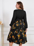 [Plus Size] Black 1950s Yellow Floral Long Sleeved Dress