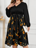 [Plus Size] Black 1950s Yellow Floral Long Sleeved Dress