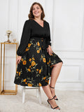 [Plus Size] Black 1950s Yellow Floral Long Sleeved Dress