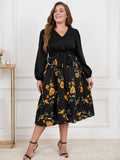 [Plus Size] Black 1950s Yellow Floral Long Sleeved Dress