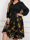[Plus Size] Black 1950s Yellow Floral Long Sleeved Dress