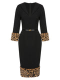 [Pre-Sale] Black 1960s Leopard Plush V-Neck Pencil Dress