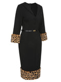 [Pre-Sale] Black 1960s Leopard Plush V-Neck Pencil Dress