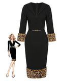[Pre-Sale] Black 1960s Leopard Plush V-Neck Pencil Dress
