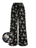 Black 1960s Antique Floral Wide-Leg Pants
