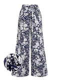 Navy Blue 1960s Floral Wide-Leg Pants