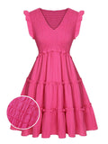 Pink 1960s V-Neck Pleated Ruffles Solid Dress