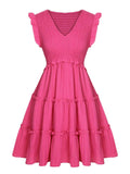 Pink 1960s V-Neck Pleated Ruffles Solid Dress