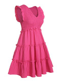 Pink 1960s V-Neck Pleated Ruffles Solid Dress