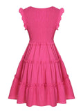 Pink 1960s V-Neck Pleated Ruffles Solid Dress