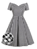 [Plus Size] Black&White 1950s Off-shoulder Gingham Plaid Dress