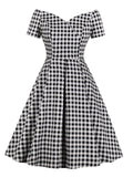 [Plus Size] Black&White 1950s Off-shoulder Gingham Plaid Dress