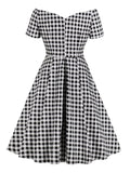[Plus Size] Black&White 1950s Off-shoulder Gingham Plaid Dress