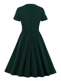 [Plus Size] Dark Green 1950s V-Neck Solid Swing Dress